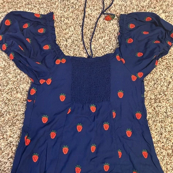 UPDATED! FARM Rio Navy and Red Midi Strawberry Dress - Picture 4 of 11